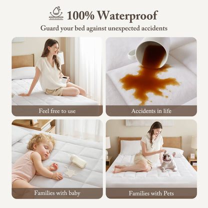 White Quilted Fitted Mattress Pad Cover with Deep Pocket, Waterproof Mattress Protector, Cloud Soft Down Alternative Mattress Cover, Machine Washable