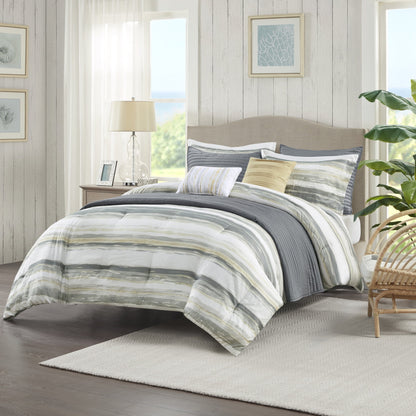 8 Piece Printed Seersucker Comforter and Quilt Set Collection, Yellow