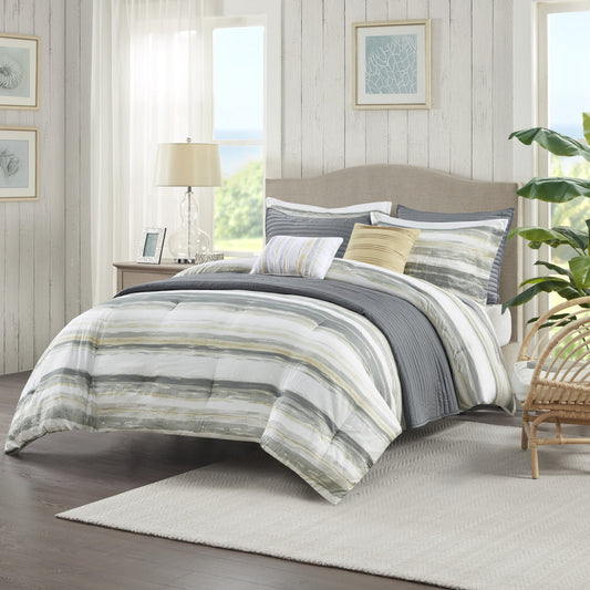 8 Piece Printed Seersucker Comforter and Quilt Set Collection, Yellow