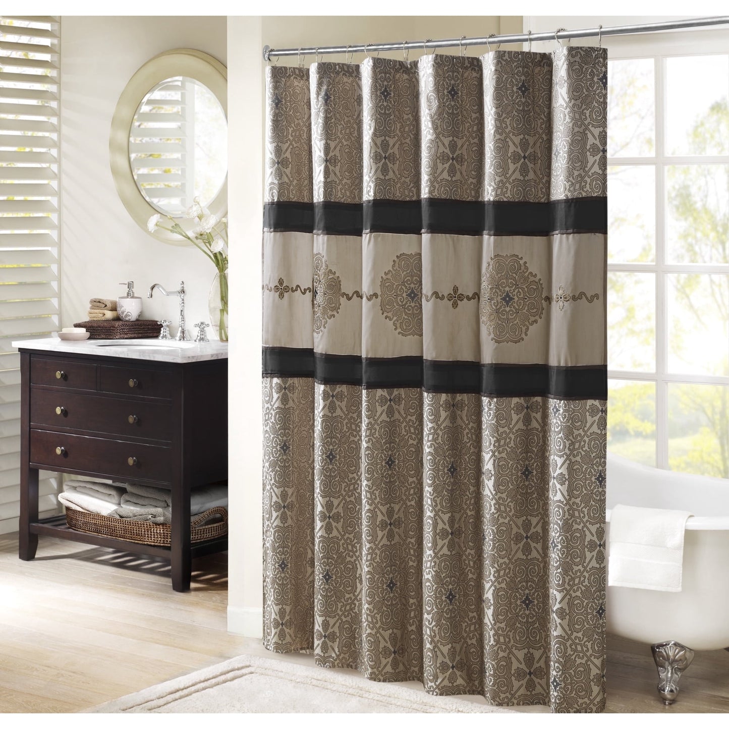 Traditional Embroidered Medallion Bathroom Shower Curtain with 12 Button Holes