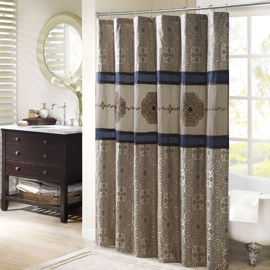 Traditional Embroidered Medallion Bathroom Shower Curtain with 12 Button Holes