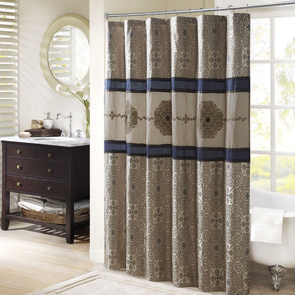 Traditional Embroidered Medallion Bathroom Shower Curtain with 12 Button Holes