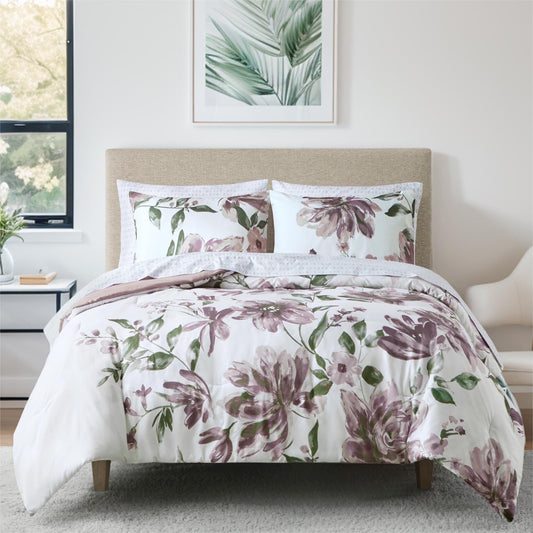 7-Piece Floral Comforter Set, Soft Brushed Bed in A Bag with Bed Sheets, Mauve