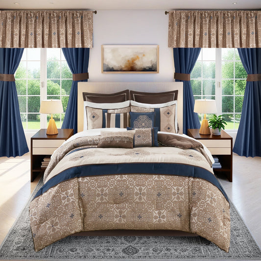 24 Piece Jacquard Comforter Set with Window Curtains, Moroccan-Inspired Bed in a Bag, Navy