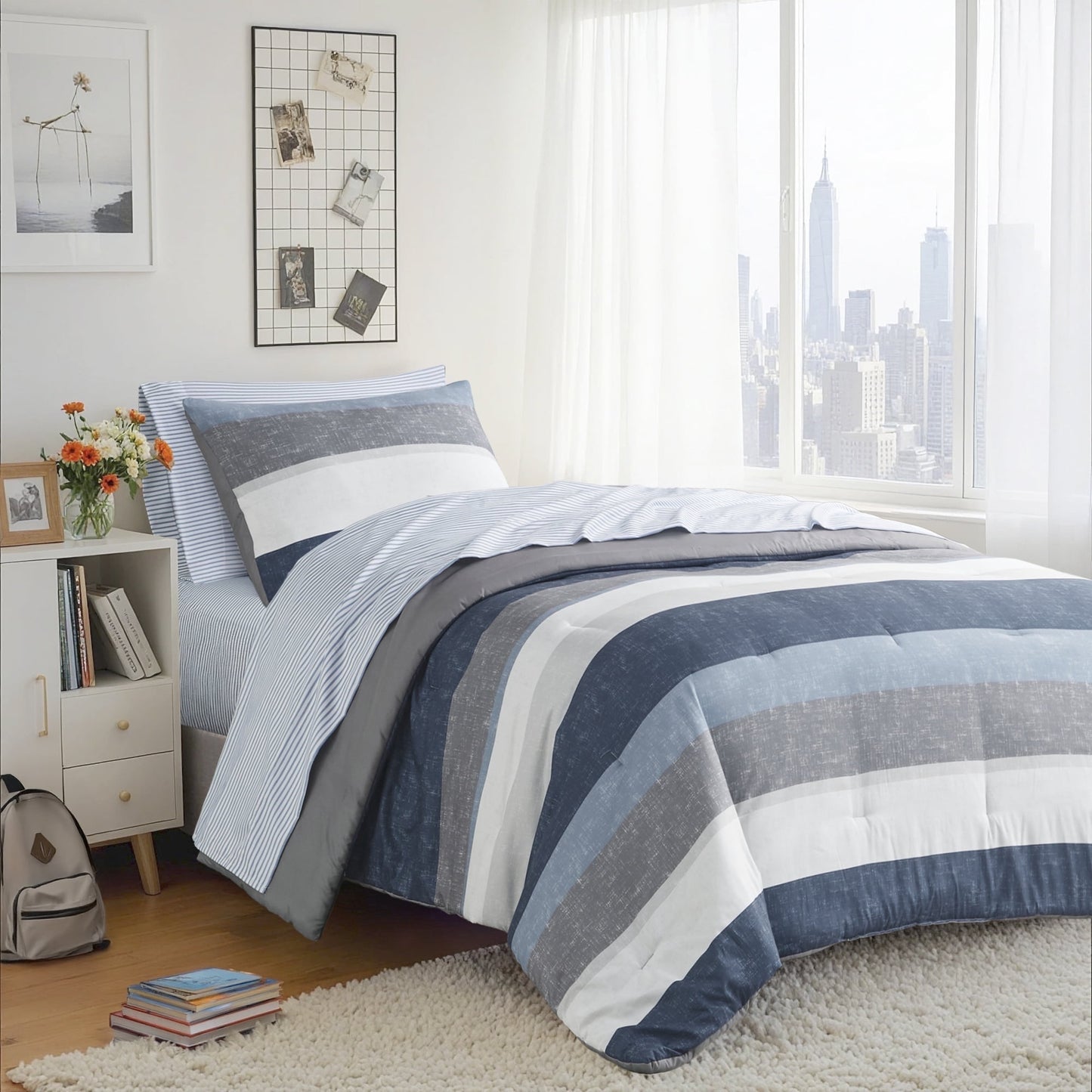 Stripe Comforter Set Bed in a Bag Bedding Set for Dorm Room, Comforter Bed Set with Flat Sheet and Fitted Sheet