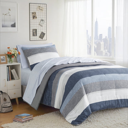 Stripe Comforter Set Bed in a Bag Bedding Set for Dorm Room, Comforter Bed Set with Flat Sheet and Fitted Sheet
