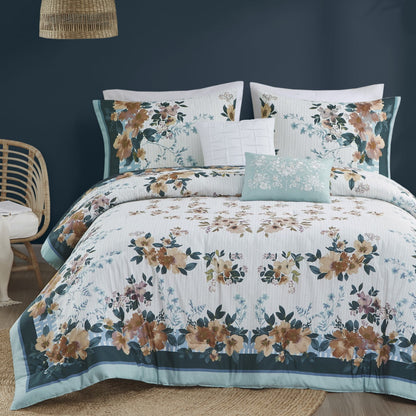 5 Piece Cotton Floral Comforter Set with Throw Pillows in Teal