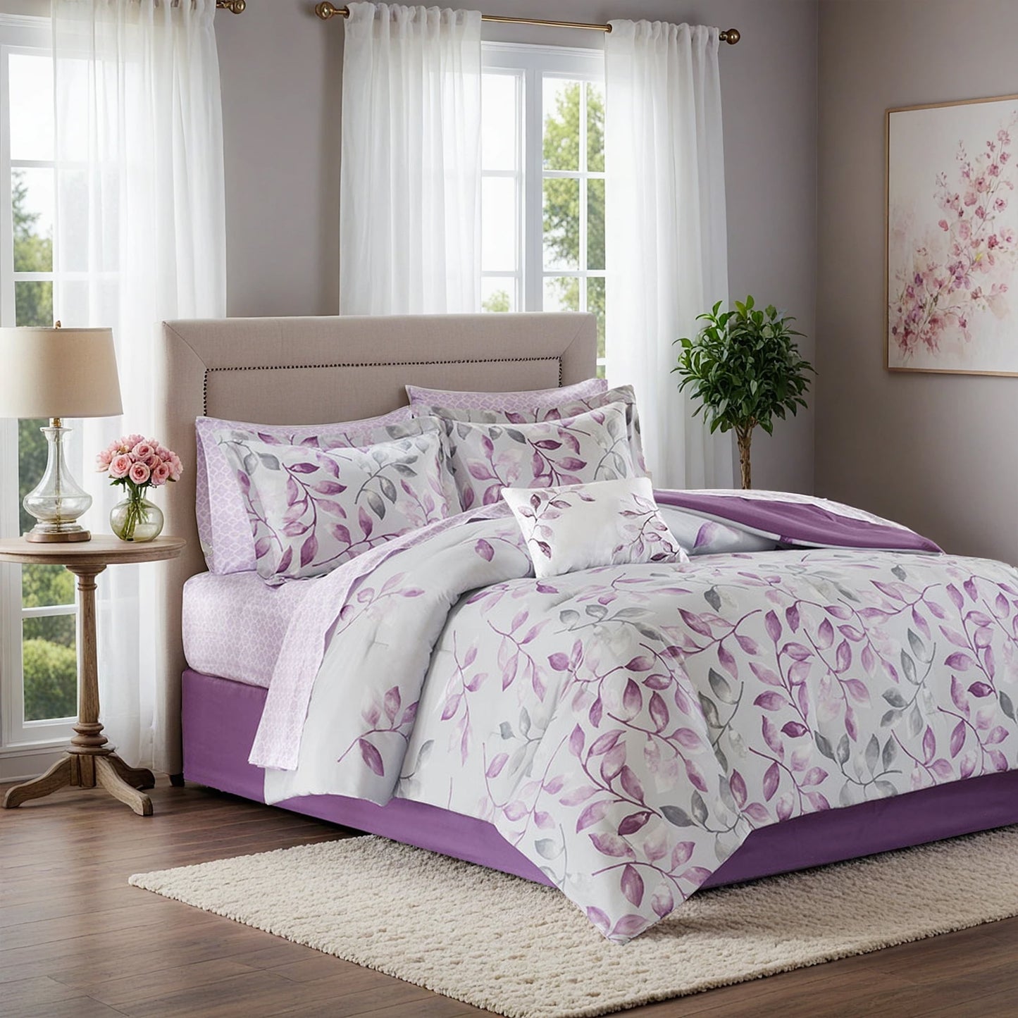 9-Piece Botanical Comforter Set, Cotton Bed in A Bag with Bedskirt,Purple