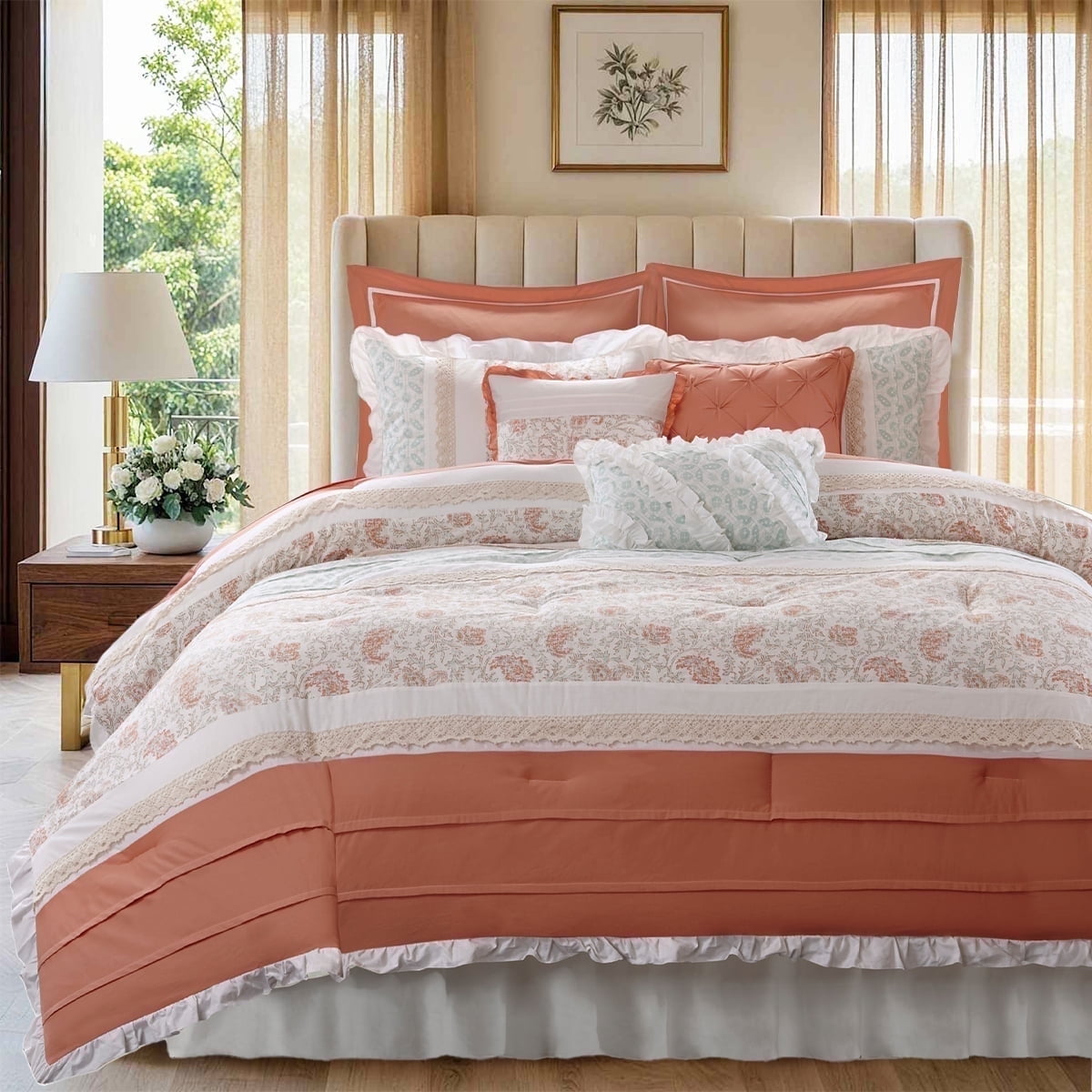 Pintuck Faux Silk Comforter Set with Bed Skirt and Decor Pillow