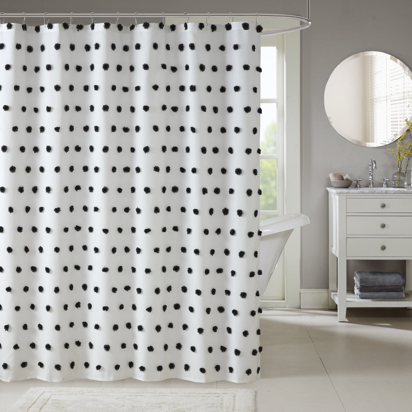 Shower Curtain White Polka Dot Bathroom Curtain With/ 12 Button Holes