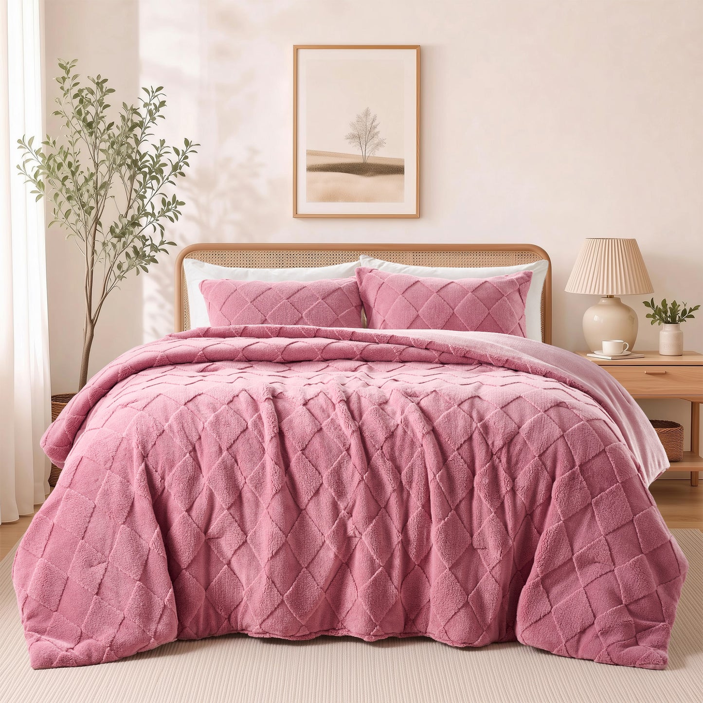 Jacquard Sherpa Diamond Comforter Set, Velvety Solid Reverse Fluffy Fleece Bedding Set with Comforter and Shams
