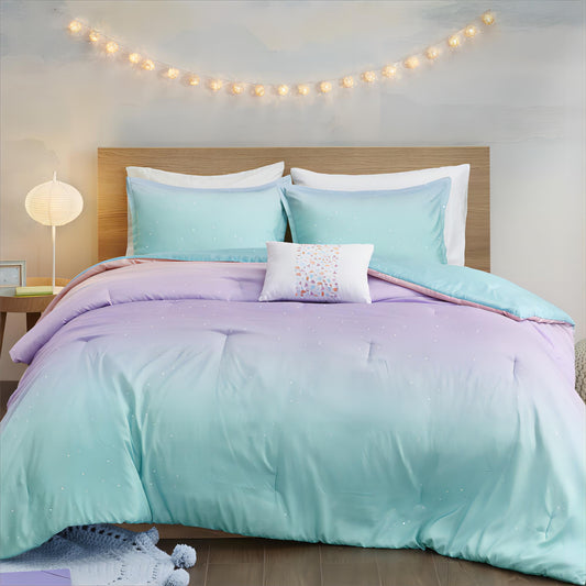 Glimmer Abstract Adult Reversible Comforter Set in Aqua with Metallic Glitter