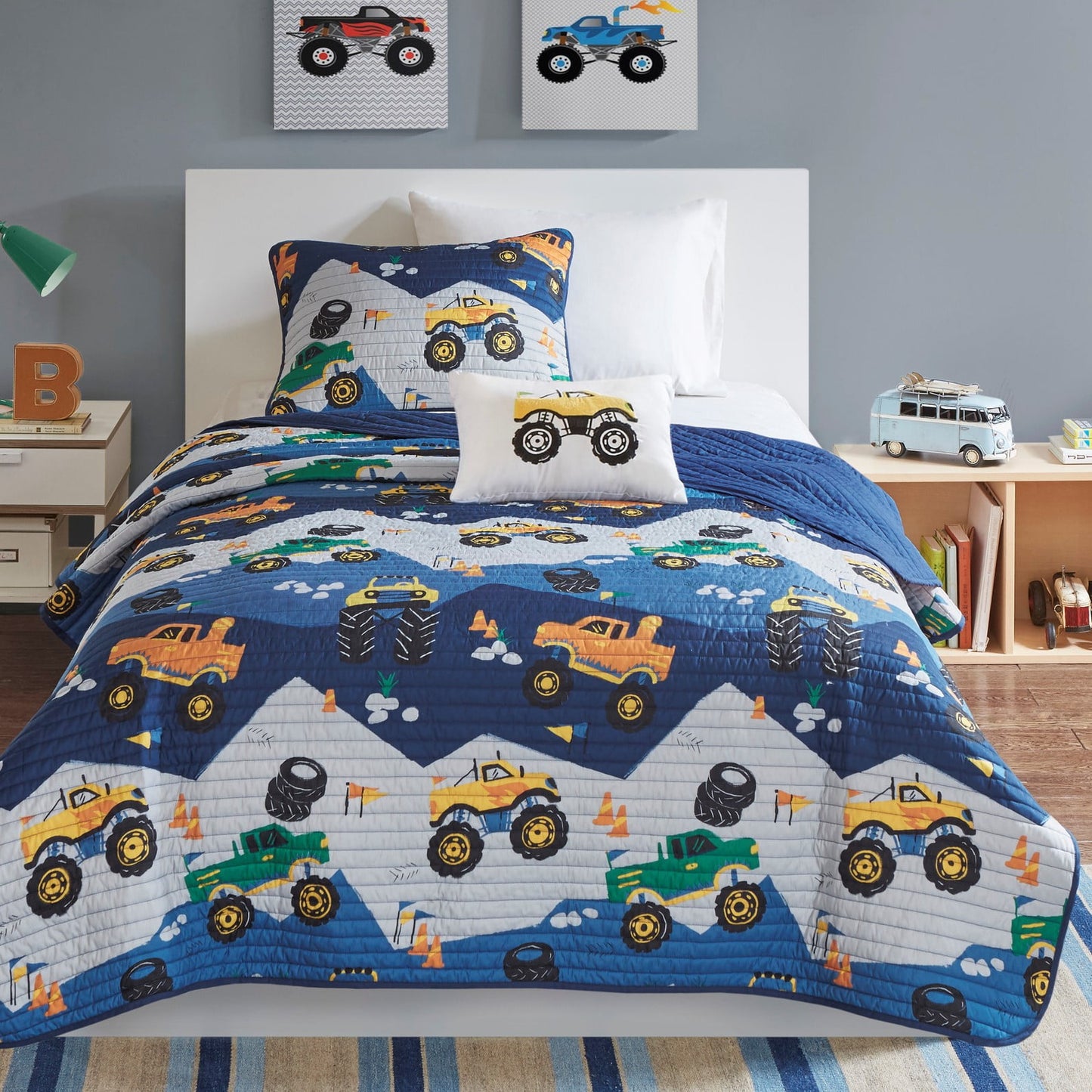 Quilt Set with Throw Pillow 3-Piece Blue Monster Truck Reversible Bedspread