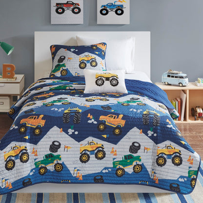 Quilt Set with Throw Pillow 3-Piece Blue Monster Truck Reversible Bedspread