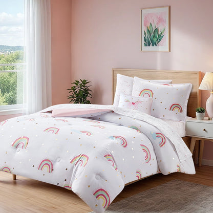 8-Piece Rainbow and Metallic Stars Girls Comforter Bedding Set with Bed Sheets