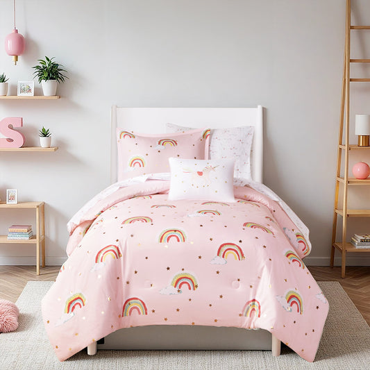 8-Piece Rainbow and Metallic Stars Girls Comforter Bedding Set with Bed Sheets