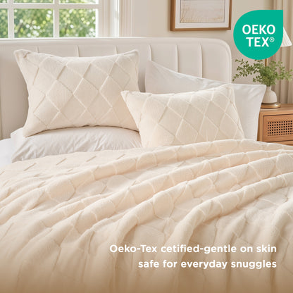 Jacquard Sherpa Diamond Comforter Set, Velvety Solid Reverse Fluffy Fleece Bedding Set with Comforter and Shams
