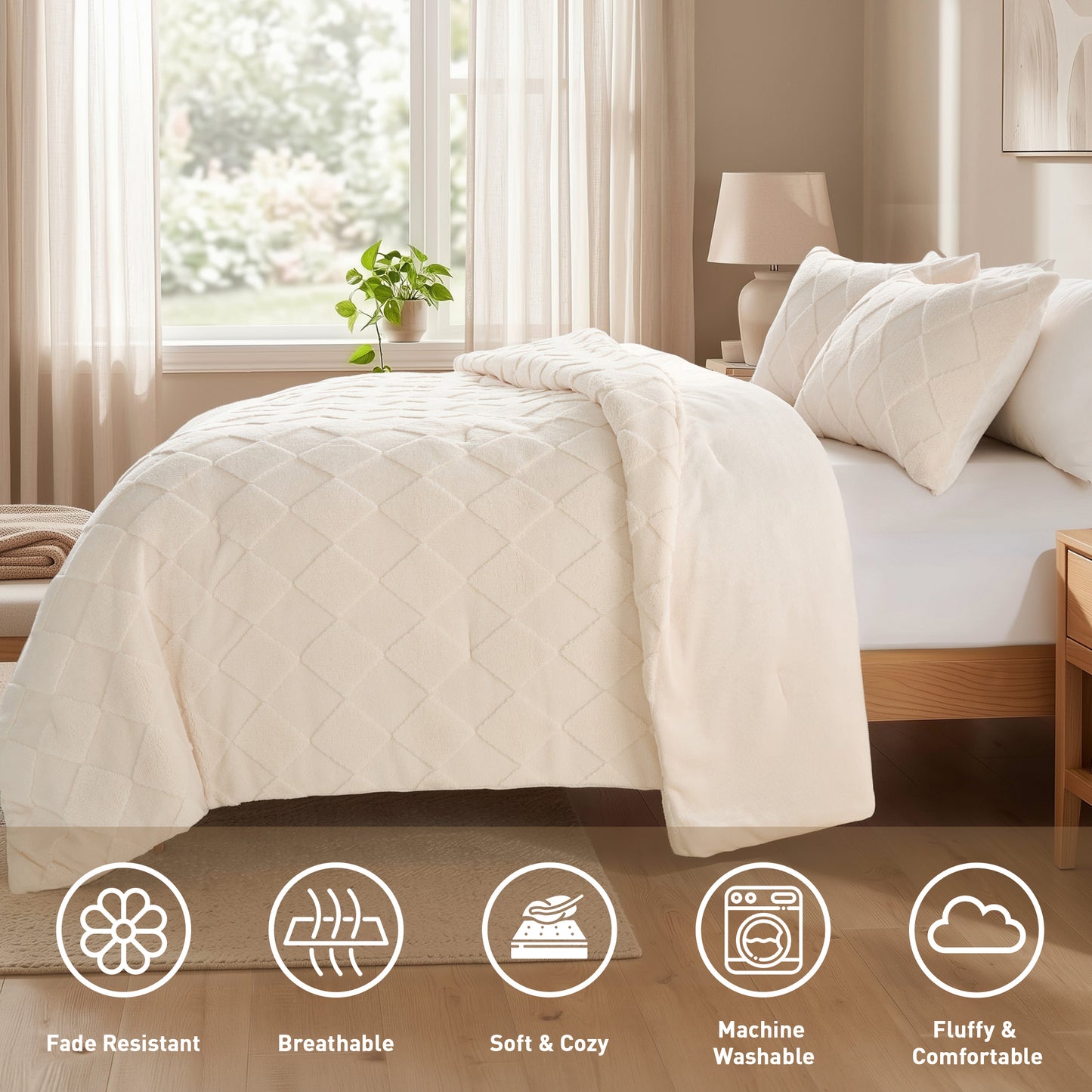 Jacquard Sherpa Diamond Comforter Set, Velvety Solid Reverse Fluffy Fleece Bedding Set with Comforter and Shams