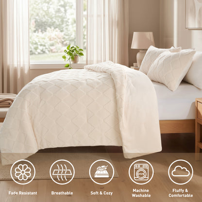 Jacquard Sherpa Diamond Comforter Set, Velvety Solid Reverse Fluffy Fleece Bedding Set with Comforter and Shams