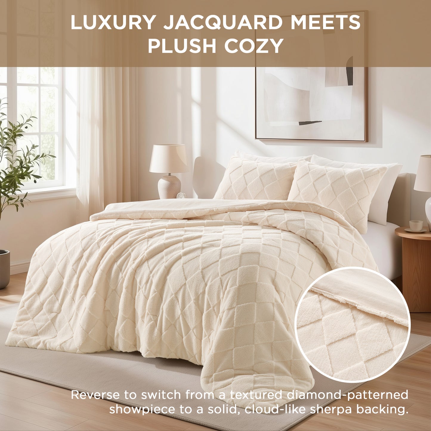 Jacquard Sherpa Diamond Comforter Set, Velvety Solid Reverse Fluffy Fleece Bedding Set with Comforter and Shams