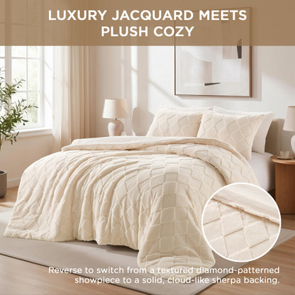 Jacquard Sherpa Diamond Comforter Set, Velvety Solid Reverse Fluffy Fleece Bedding Set with Comforter and Shams