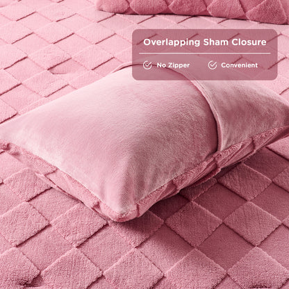 Jacquard Sherpa Diamond Comforter Set, Velvety Solid Reverse Fluffy Fleece Bedding Set with Comforter and Shams