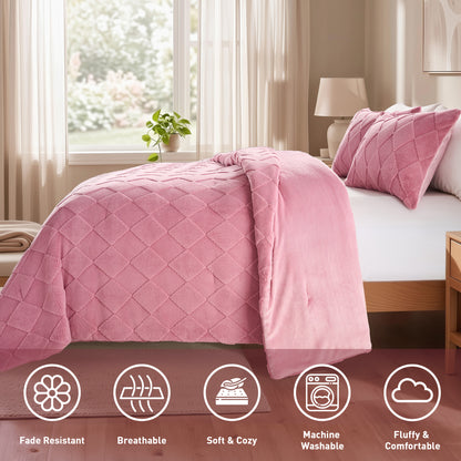 Jacquard Sherpa Diamond Comforter Set, Velvety Solid Reverse Fluffy Fleece Bedding Set with Comforter and Shams