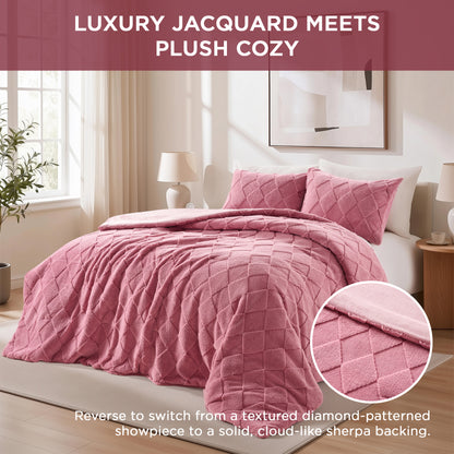 Jacquard Sherpa Diamond Comforter Set, Velvety Solid Reverse Fluffy Fleece Bedding Set with Comforter and Shams