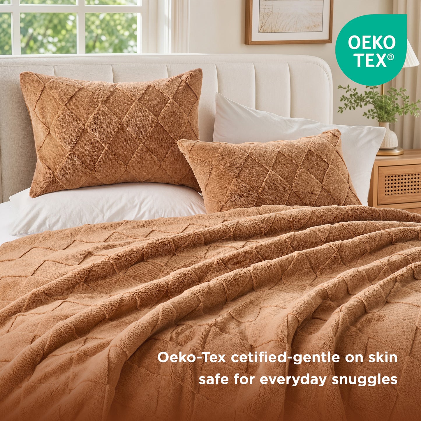 Jacquard Sherpa Diamond Comforter Set, Velvety Solid Reverse Fluffy Fleece Bedding Set with Comforter and Shams