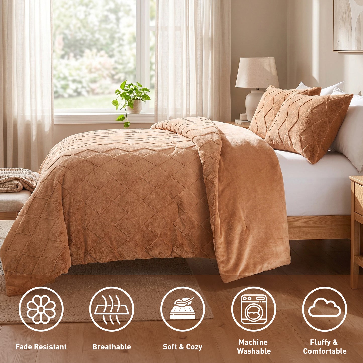 Jacquard Sherpa Diamond Comforter Set, Velvety Solid Reverse Fluffy Fleece Bedding Set with Comforter and Shams