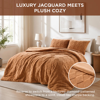 Jacquard Sherpa Diamond Comforter Set, Velvety Solid Reverse Fluffy Fleece Bedding Set with Comforter and Shams