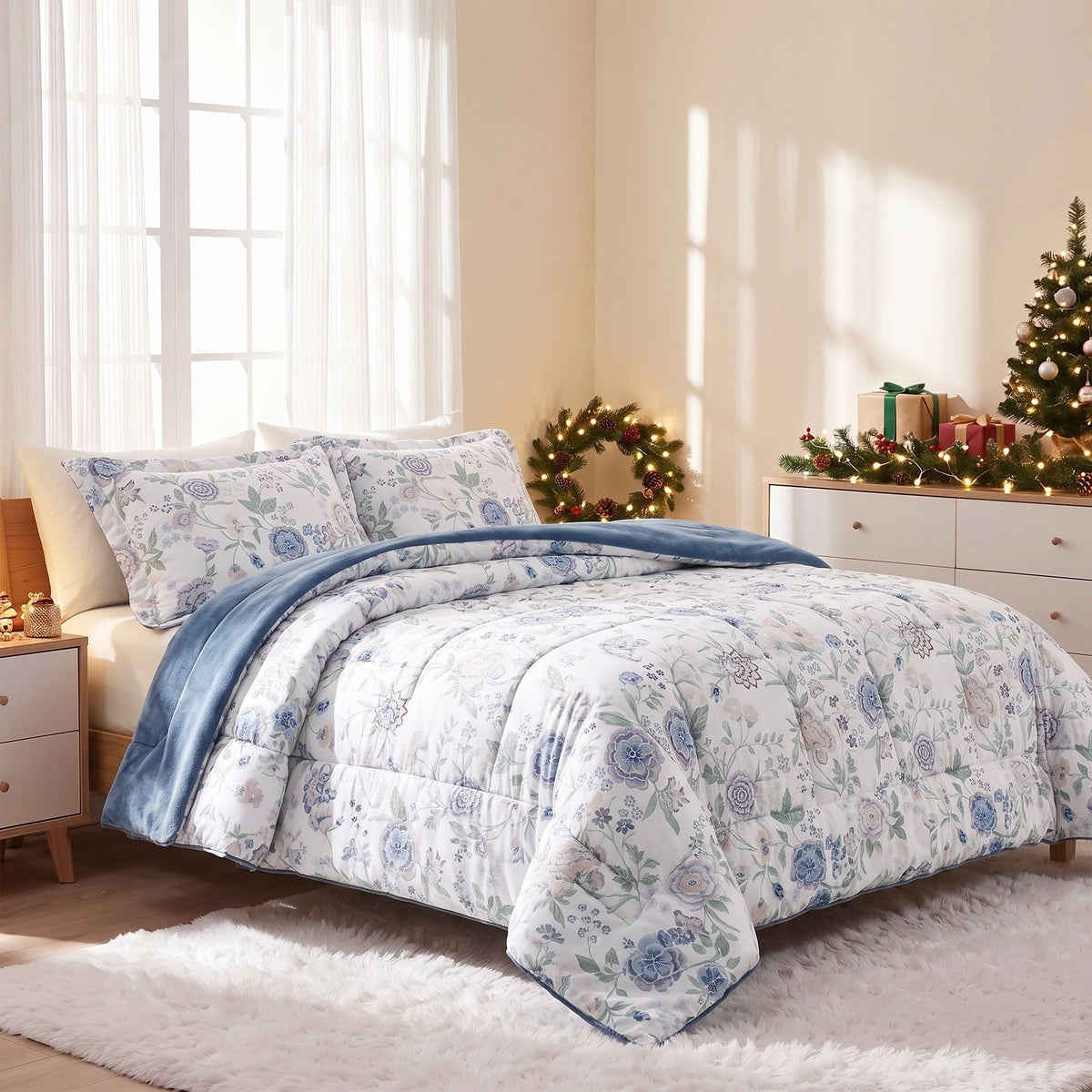 Sunniva Floral Multi-Color Comforter Set with Ultra-Soft Plush Reverse