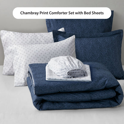 Chambray Print Microfiber Comforter Set with Bed Sheets