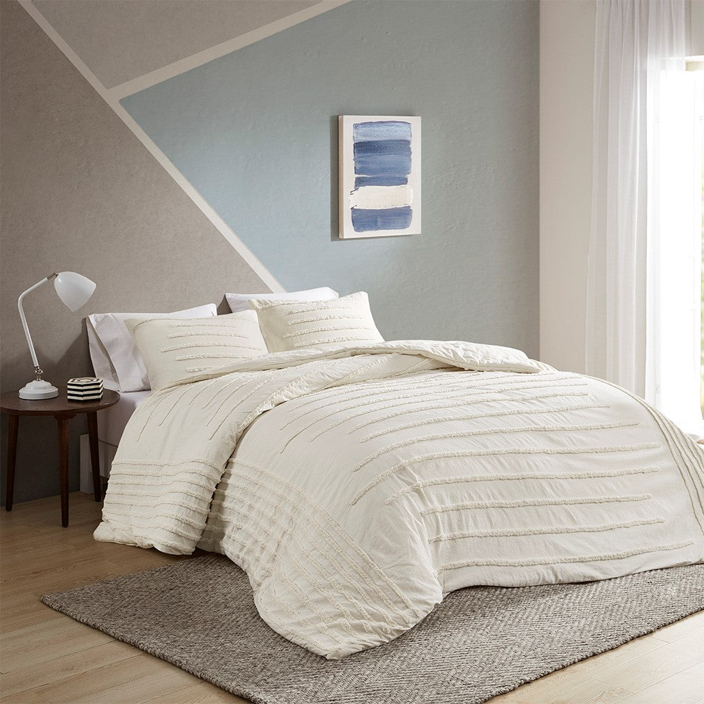 3 Piece Cotton Chenille Stripes Duvet Cover Set