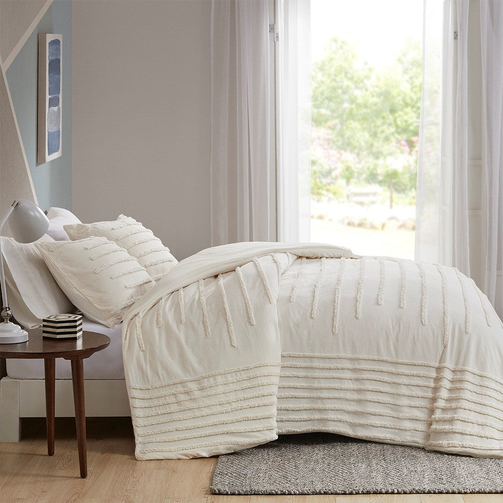 3 Piece Cotton Chenille Stripes Duvet Cover Set