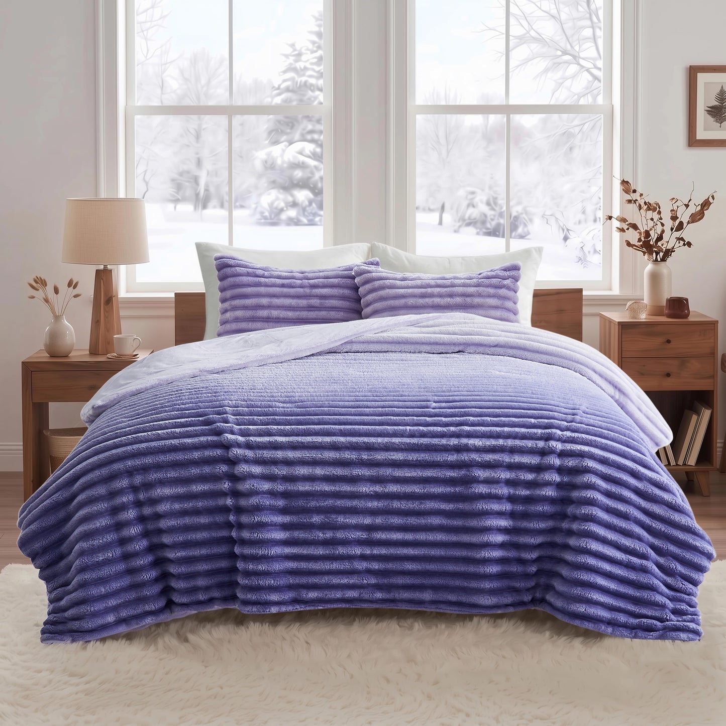 Fluffy Ribbed Plush Comforter Set, Cuddly Bedding Set with Comforter and Shams