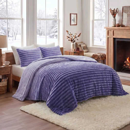 Fluffy Ribbed Plush Comforter Set, Cuddly Bedding Set with Comforter and Shams