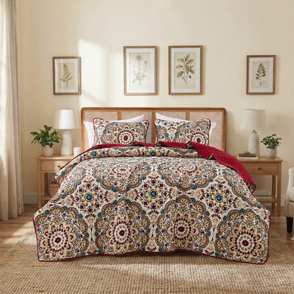 Boho Medallion Reversible Bedspread Quilted Bedding Set