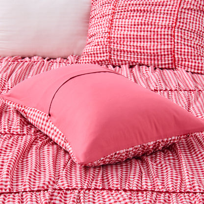 Plaid Ruched All Season Comforter Set with Decorative Pillows
