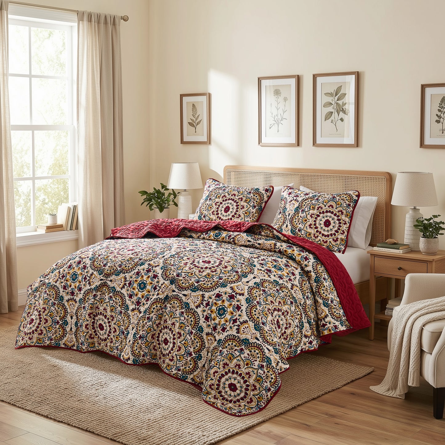 Boho Medallion Reversible Bedspread Quilted Bedding Set