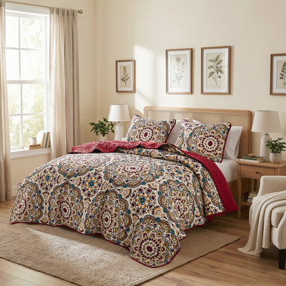 Boho Medallion Reversible Bedspread Quilted Bedding Set