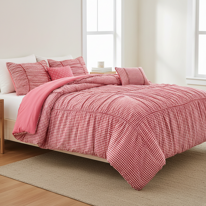 Plaid Ruched All Season Comforter Set with Decorative Pillows