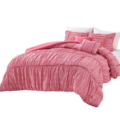 Plaid Ruched All Season Comforter Set with Decorative Pillows