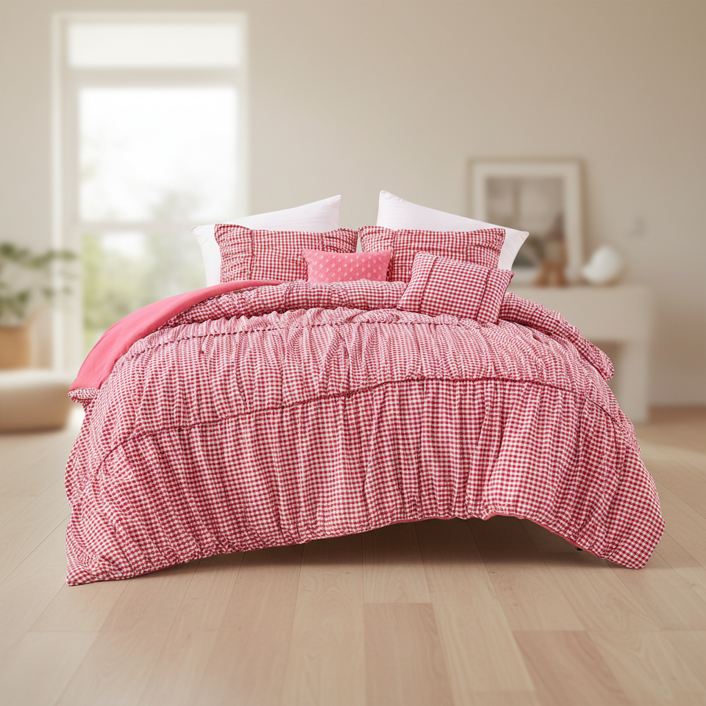 Plaid Ruched All Season Comforter Set with Decorative Pillows
