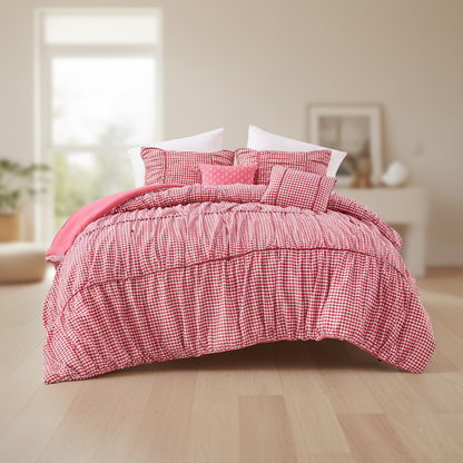 Plaid Ruched All Season Comforter Set with Decorative Pillows
