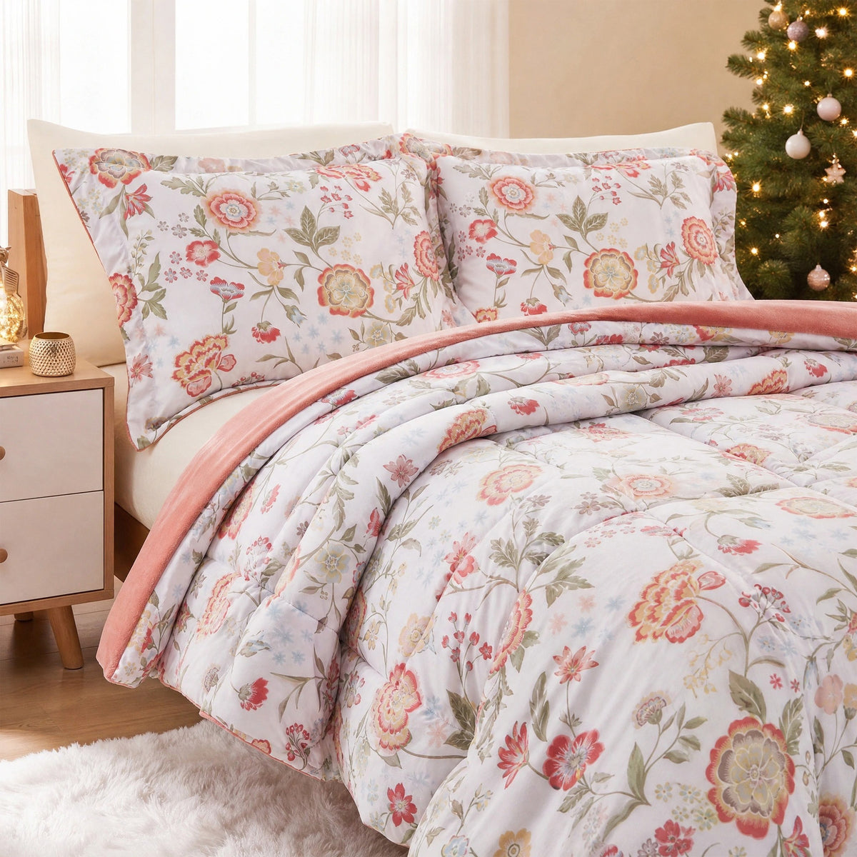 Sunniva Floral Multi-Color Comforter Set with Ultra-Soft Plush Reverse