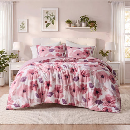 Reversible Floral Bedding Set, Cozy Botanical Flowers Seersucker Comforter Bed Set with Sheets and Pillowcases