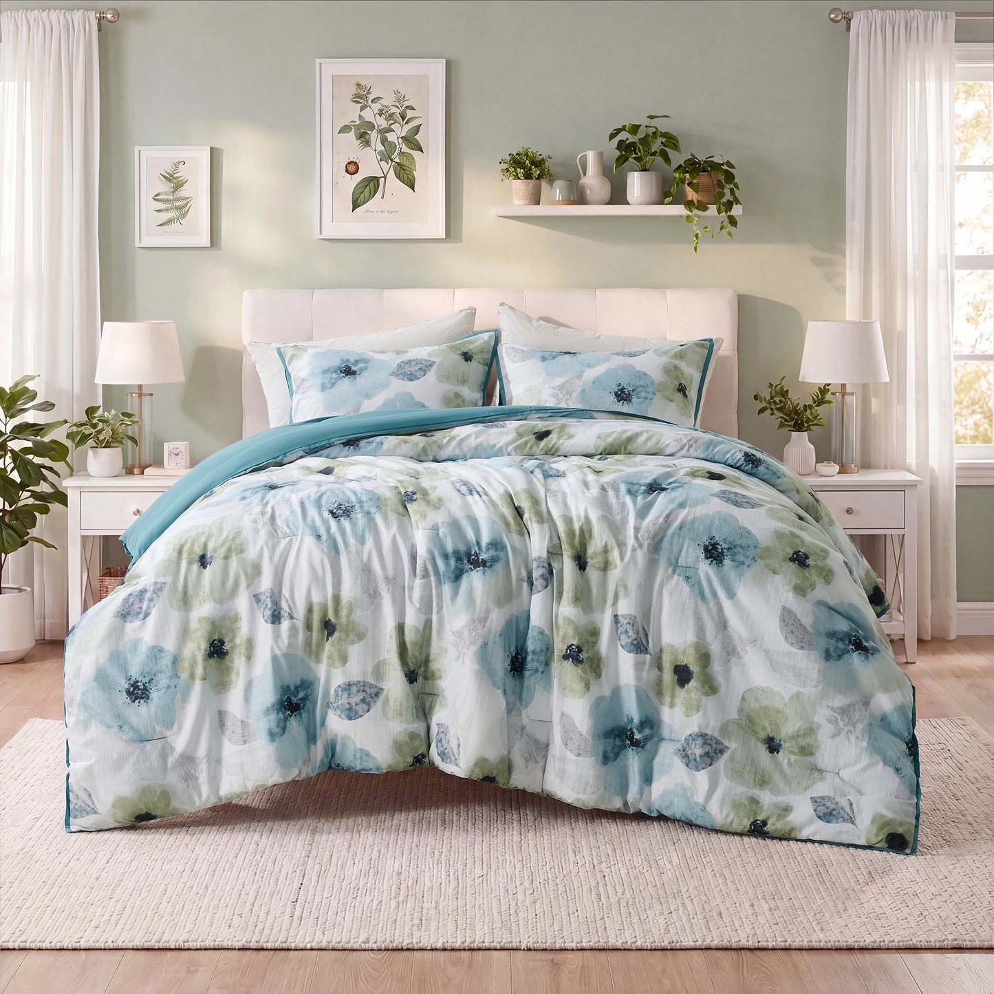 Reversible Floral Bedding Set, Cozy Botanical Flowers Seersucker Comforter Bed Set with Sheets and Pillowcases