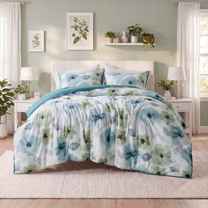Reversible Floral Bedding Set, Cozy Botanical Flowers Seersucker Comforter Bed Set with Sheets and Pillowcases