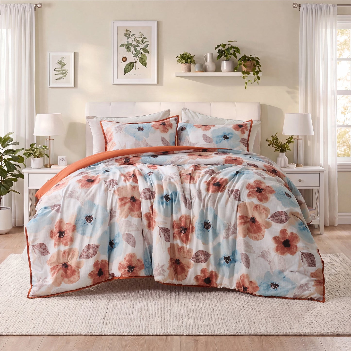 Reversible Floral Bedding Set, Cozy Botanical Flowers Seersucker Comforter Bed Set with Sheets and Pillowcases